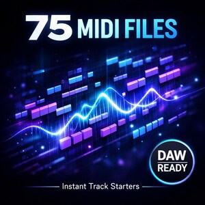 May include: Digital graphic with the text "75 MIDI FILES" in white, above a grid of blue and purple blocks. A glowing blue waveform runs through the center. The words "Instant Track Starters" are at the bottom, and "DAW READY" is in a circle.