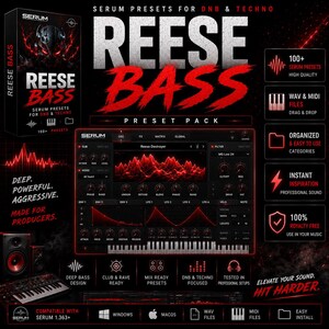 May include: A promotional graphic for "Reese Bass" Serum presets for DNB & Techno music. The design features a dark background with red and white text, showcasing a sound design interface, a keyboard, and a speaker. The text includes "Deep, Powerful, Aggressive. Made for Producers."