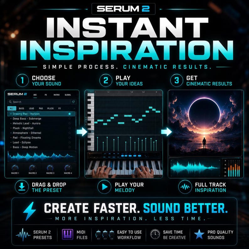 Peut inclure: Visuel promotionnel pour le logiciel Serum 2. Il pr&eacute;sente un processus en trois &eacute;tapes : choisir un son, jouer des id&eacute;es et obtenir des r&eacute;sultats cin&eacute;matographiques. Le texte comprend "Instant Inspiration" et "Create Faster. Sound Better."