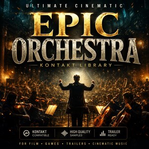Puede incluir: Imagen que promociona la biblioteca Kontakt "EPIC ORCHESTRA". El texto es dorado y blanco, con una orquesta de fondo. La imagen incluye el texto "ULTIMATE CINEMATIC", "KONTAKT LIBRARY" y "FOR FILM • GAMES • TRAILERS • CINEMATIC MUSIC".