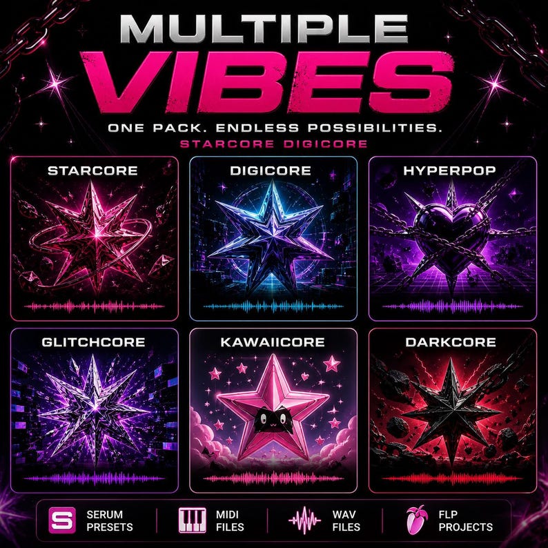 May include: A promotional graphic with the text "MULTIPLE VIBES" in pink and white. It features six stylized images with the labels: STARCORE, DIGICORE, HYPERPOP, GLITCHCORE, KAWAIICORE, and DARKCORE. Below are icons for SERUM PRESETS, MIDI FILES, WAV FILES, and FLP PROJECTS.