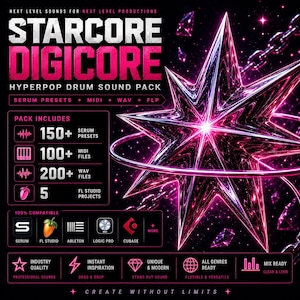May include: A promotional graphic for a "STARCORE DIGICORE" hyperpop drum sound pack. The design features a large, glowing star in shades of pink and purple, with text indicating the pack includes Serum presets, MIDI files, WAV files, and FL Studio projects. The graphic also lists compatibility with various music production software.