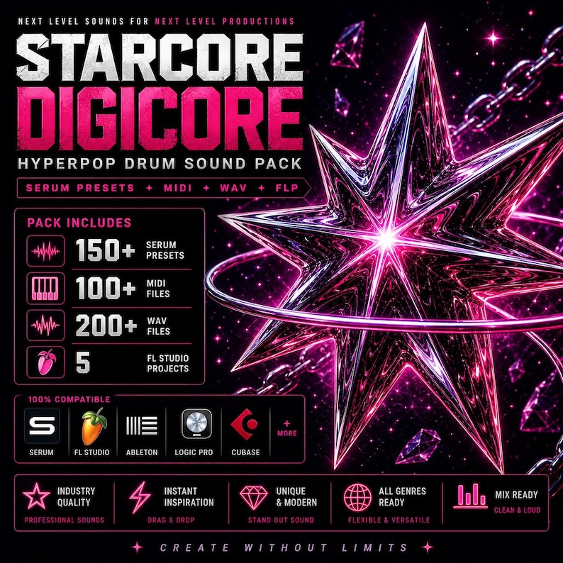 May include: A promotional graphic for a "STARCORE DIGICORE" hyperpop drum sound pack. The design features a large, glowing star in shades of pink and purple, with text indicating the pack includes Serum presets, MIDI files, WAV files, and FL Studio projects. The graphic also lists compatibility with various music production software.