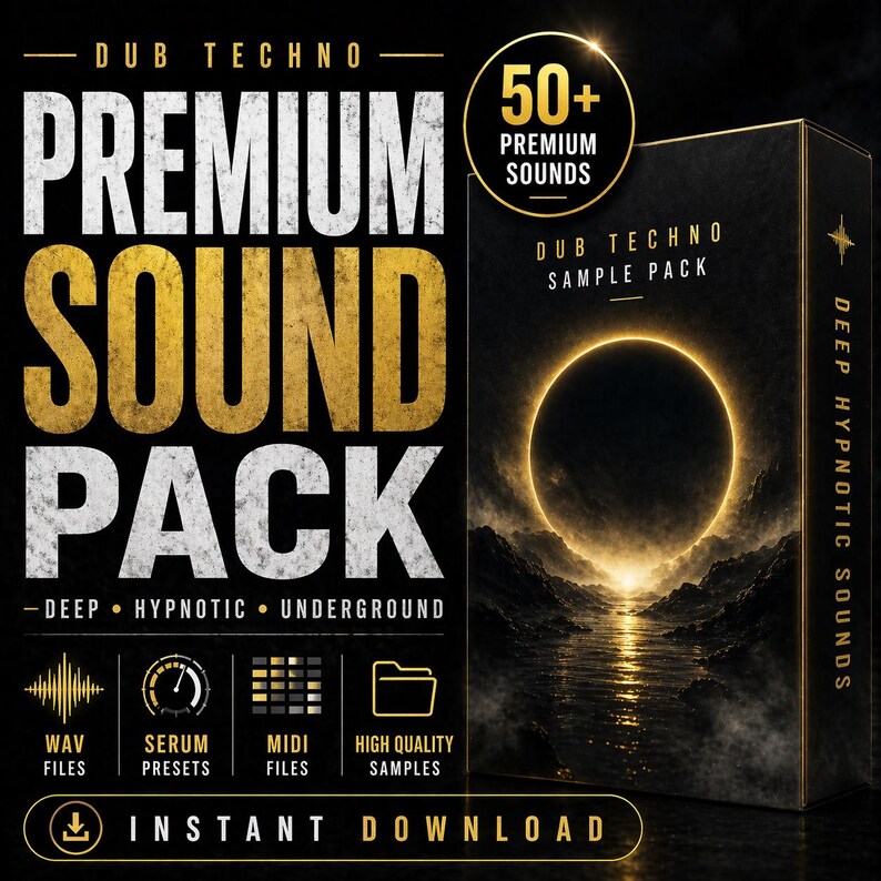 May include: A promotional graphic for a "Dub Techno Premium Sound Pack." The design features gold and white text on a black background, with icons for WAV files, Serum presets, MIDI files, and high-quality samples. The text includes "Deep Hypnotic Underground" and "Instant Download."
