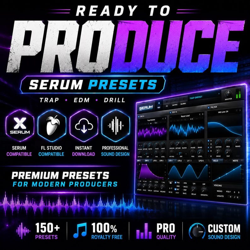 May include: A digital graphic for Serum presets titled READY TO PRODUCE. It features a software interface, icons for Serum and FL Studio compatibility, and text highlighting 150+ presets, instant download, and royalty-free professional sound design.