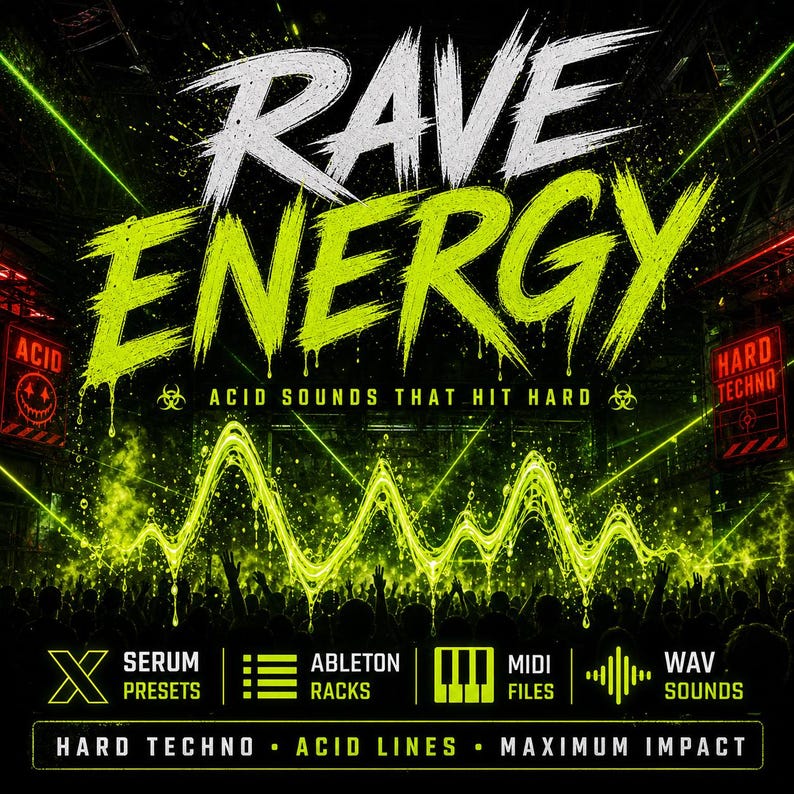 K&ouml;nnte beinhalten: Werbegrafik mit den Worten "RAVE ENERGY" in Wei&szlig; und Neongr&uuml;n, mit dem Slogan "ACID SOUNDS THAT HIT HARD". Darunter Symbole f&uuml;r Serum Presets, Ableton Racks, MIDI-Dateien und WAV-Sounds. Der Hintergrund ist schwarz mit neongr&uuml;nen Akzenten.