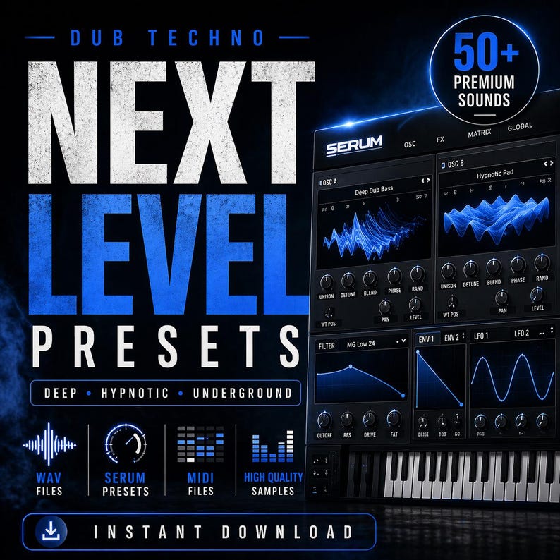May include: A digital advertisement for "Serum" presets, featuring a dark blue and black color scheme. The text reads "Next Level Presets" with additional details like "Deep, Hypnotic, Underground." Icons for WAV files, Serum presets, MIDI files, and high-quality samples are included. The ad also highlights "50+ Premium Sounds" and "Instant Download."