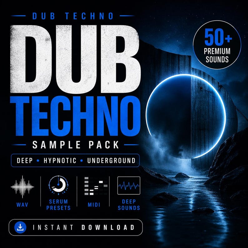 May include: A digital graphic for a Dub Techno sample pack. The design features the words "DUB TECHNO" in large white and blue fonts. Additional text includes "SAMPLE PACK", "DEEP", "HYPNOTIC", "UNDERGROUND", and "50+ PREMIUM SOUNDS". Icons for WAV, Serum Presets, MIDI, and Deep Sounds are also included.