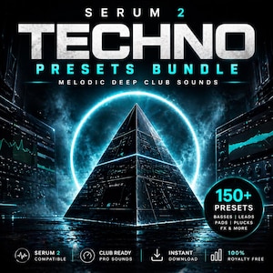 Könnte beinhalten: Digitales Kunstbild mit dunklem, futuristischem Thema. Der Text "SERUM 2 TECHNO PRESETS BUNDLE" ist in Weiß und Türkis dargestellt. Eine schwarze Pyramide ist zentriert, umgeben von einem türkisfarbenen Neonring. Das Bild bewirbt 150+ Presets.