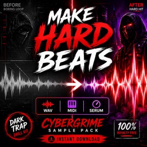 K&ouml;nnte beinhalten: Werbegrafik f&uuml;r ein Cybergrime-Sample-Pack. Das Bild zeigt den Text "MAKE HARD BEATS" in Rot und Wei&szlig;, mit einer Vorher-Nachher-Visualisierung einer Schallwelle. Enth&auml;lt den Text "DARK TRAP DRILL KIT" und "100% ROYALTY FREE".