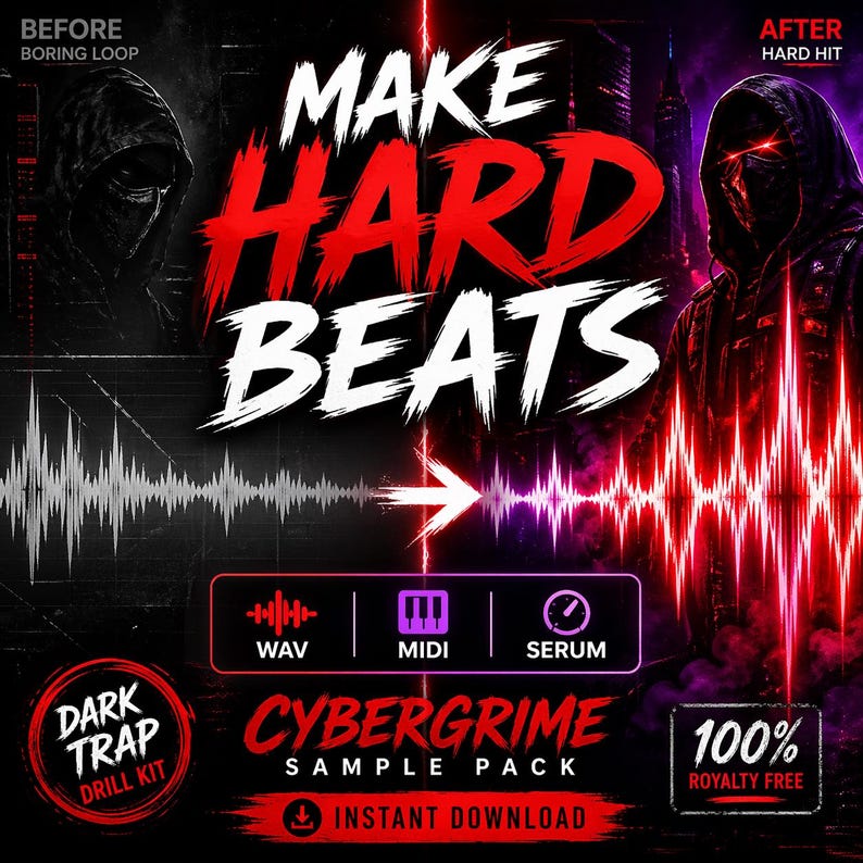 K&ouml;nnte beinhalten: Werbegrafik f&uuml;r ein Cybergrime-Sample-Pack. Das Bild zeigt den Text "MAKE HARD BEATS" in Rot und Wei&szlig;, mit einer Vorher-Nachher-Visualisierung einer Schallwelle. Enth&auml;lt den Text "DARK TRAP DRILL KIT" und "100% ROYALTY FREE".