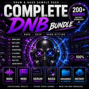 May include: A promotional graphic for a drum and bass sample pack bundle. The design features a skull with headphones, glowing purple and blue accents, and text that reads "COMPLETE DNB BUNDLE." Includes "200+ Sounds" and "Instant Download."