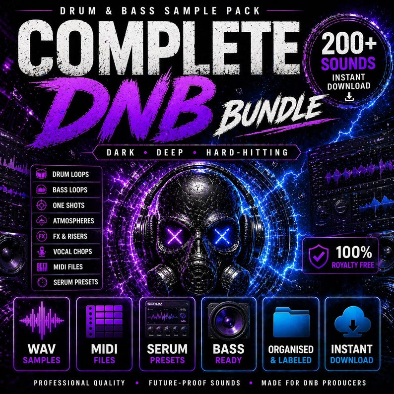 May include: A promotional graphic for a drum and bass sample pack bundle. The design features a skull with headphones, glowing purple and blue accents, and text that reads "COMPLETE DNB BUNDLE." Includes "200+ Sounds" and "Instant Download."