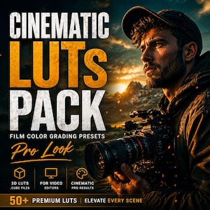 May include: Image promoting a "Cinematic LUTS Pack" for film color grading. The text is in white and orange. A man with a beard holds a camera, with a mountain and sunset in the background. Includes icons for 3D LUTs, video editors, and cinematic results.