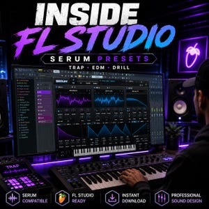 May include: A digital music production interface displaying the Serum synthesizer plugin on a computer monitor. The screen shows wavetable oscillators, filters, and envelopes. Text reads INSIDE FL STUDIO SERUM PRESETS TRAP EDM DRILL.