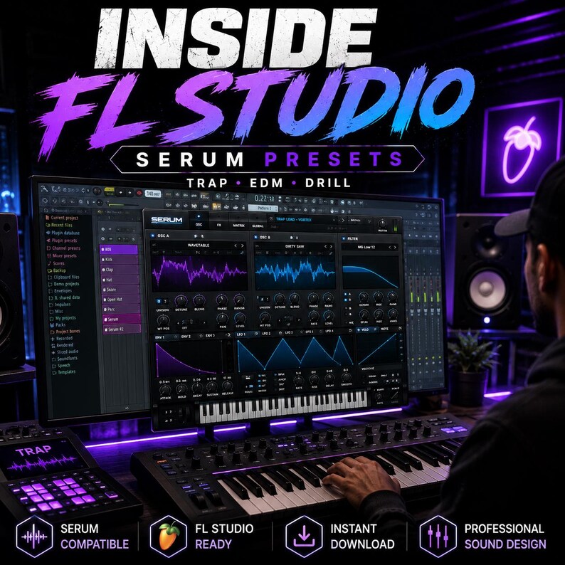 May include: A digital music production interface displaying the Serum synthesizer plugin on a computer monitor. The screen shows wavetable oscillators, filters, and envelopes. Text reads INSIDE FL STUDIO SERUM PRESETS TRAP EDM DRILL.