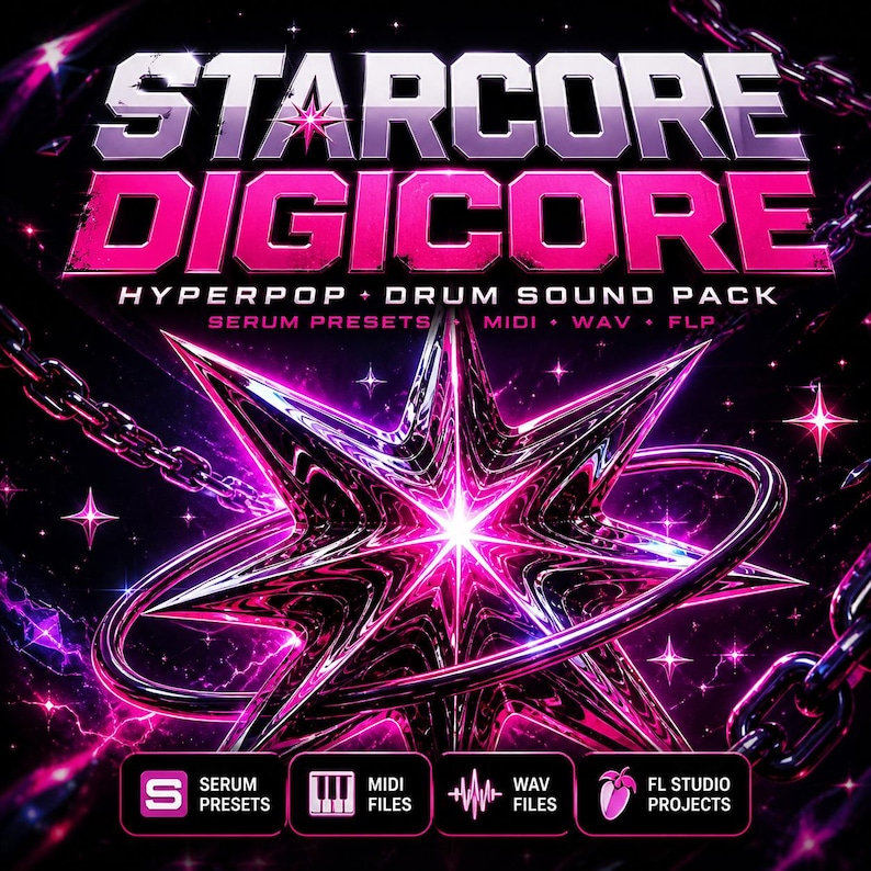 Bright pink and purple abstract starburst shape with glossy metallic texture and orbiting rings on a dark space-like background, surrounded by chains and sparkles, large bold “Starcore Digicore” text at top, centered composition with high-contrast neon aesthetic.