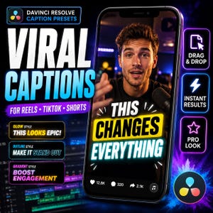 May include: A digital graphic advertisement for DaVinci Resolve caption presets featuring a smartphone displaying a video with the text THIS CHANGES EVERYTHING. The layout includes text labels for glow, outline, and gradient styles, plus drag and drop, instant results, and pro look icons.