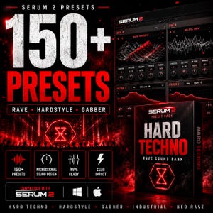 K&ouml;nnte beinhalten: Werbegrafik f&uuml;r Serum 2 Presets mit dem Text "150+ Presets" in Wei&szlig; und Rot. Das Design umfasst eine Software-Oberfl&auml;che, eine Produktbox mit der Aufschrift "Hard Techno" und Icons f&uuml;r Sounddesign und Club-Impact. Kompatibel mit Serum 2.