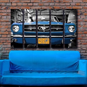Vintage Blauer Ford mustang Wand Kunst | Oldtimer Bild auf Leinwand - Retro Automobiles Dekorationsset für ein Auto von AirBrothers