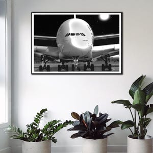 Airbus A-380 Airplane Art Framed in Black - Aircraft Art Featuring Airbus A380 Airplane Night Scene - Aviation Print by AirBrothers