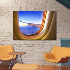 1-Piece Large Airplane Window View Wall Art Print, Scenic Picture On Canvas, Travel Decor Stretched Over Pine Wood Frame by AirBrothers