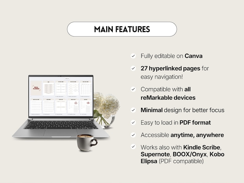 Mallar för måltidsplanerare för reMarkable Paper Pro, hyperlänkad PDF-journal för reMarkable 2, digital daterad e-bläcksurfplatta för matplanerare bild 2