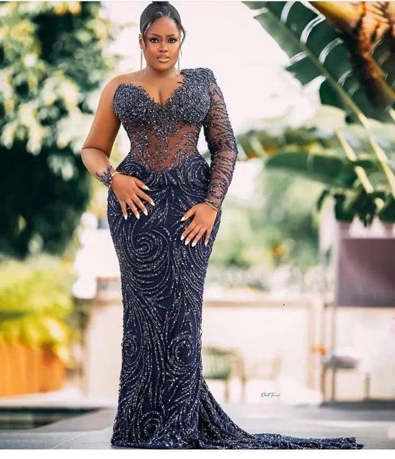 African Asoebi Beaded Corset Dress: Mermaid Gown, Prom, Wedding Guest