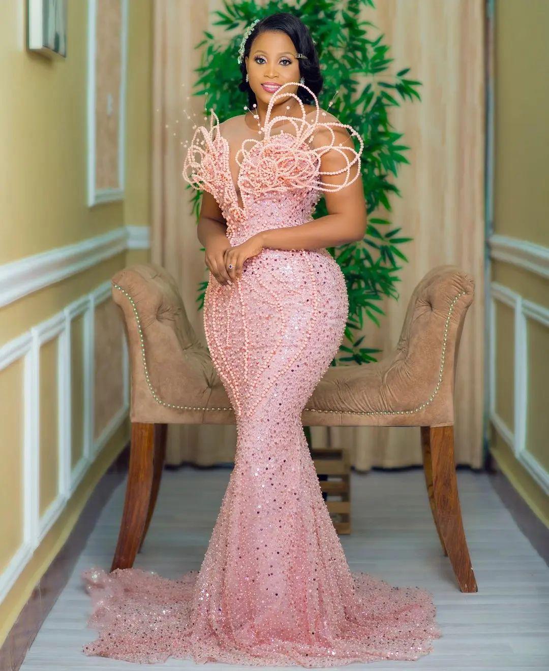 Handmade Beaded Corset Gown: African Asoebi Prom Dress