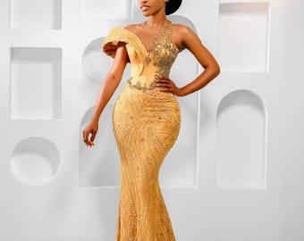 Fabulous Luxury champagne gold dress,beaded dress, women’s clothing, African wedding dress, reception dress, structural African wedding