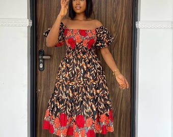Handmade African Ankara Midi Dress: Off-Shoulder Cotton Print