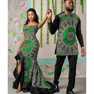 Afrikaanse outfit voor koppels: bijpassende set Ankara, verlovingsjurk bruiloft