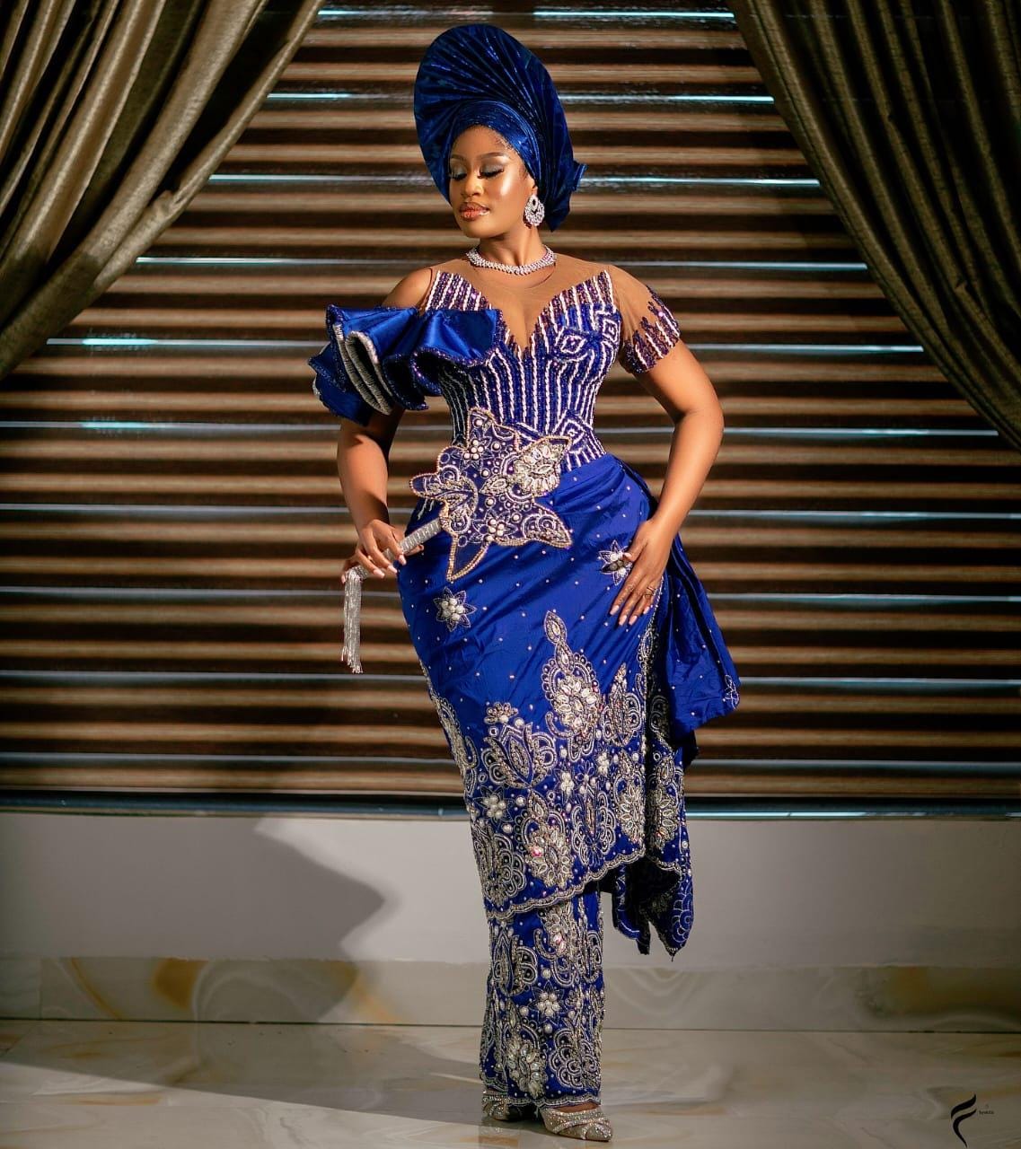 Blue George bridal traditional corset beaded george dress, African wedding dress.Women clothing.Igbo traditional African Nigeria dress