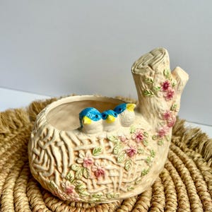 Vintage Ceramic Planter Three Little Blue Birds In a Nest Pot Vase