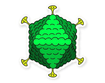 Sticker polyedrisch virus: microbiologie cartoon, wetenschap STEM-cadeau