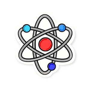 May include: A sticker depicting a cartoon atom. It features a red central nucleus, grey orbital rings, and three blue spheres. The design is outlined in black with a white border.