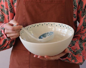 Porcelain Serving Bowl with Vintage Ladle - Handmade Blue Serving Bowl