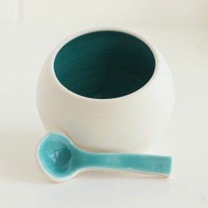 Handmade Porcelain Salt Pig with Ceramic Spoon Water Blue