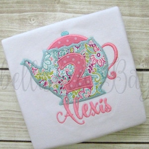 Personalized Teapot with Birthday Number Applique Ruffle T-shirt or bodysuit for Girls Tea Party Shirt