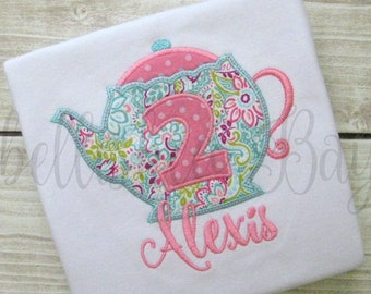 Personalized Teapot with Birthday Number Applique Ruffle T-shirt or bodysuit for Girls Tea Party Shirt
