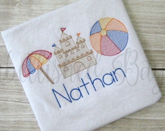 Beach Scene with Name Embroidered T-shirt or bodysuit Bodysuit for Boys Personalized Beach Ball Sand Castle Umbrella