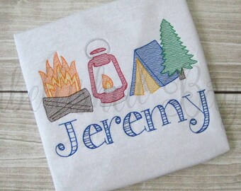Camping Scene with Name Embroidered T-shirt or Bodysuit Bodysuit for Boys Personalized campfire lantern tent