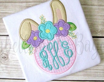 Applique Floral Easter Bunny Ears with Monogram T-shirt or bodysuit, Personalized for Girls