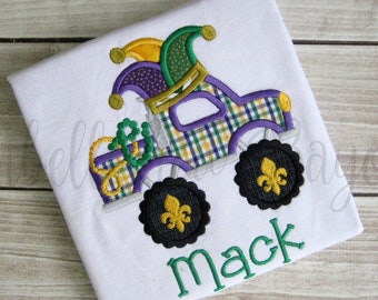Mardi Gras Monster Jester Truck Appliqued T-shirt Personalized for Boys or Girls