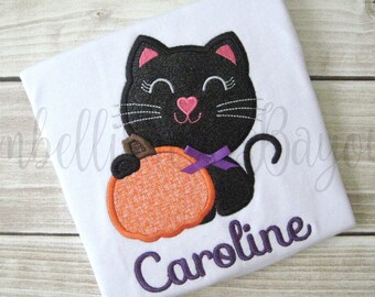 Halloween Cat with Pumpkin Personalized Appliqued Ruffle T-shirt for Girls; Halloween Kitty T-shirt with Name; Black Glitter Cat Shirt