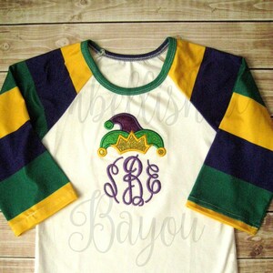 Mardi Gras Purple Green and Gold Stripe Raglan T-shirt with Monogram and Jester Hat Applique for Girls image 1