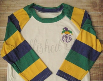 Mardi Gras Purple Green and Gold Stripe Raglan Adult T-shirt with Monogram Jester Hat