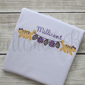Girl Tiger Cheerleader Football Sketch Stitch Personalized T-shirt or Bodysuit for Girls Purple & Gold Baby Infant Toddler