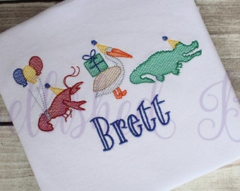 Cajun Swamp Animals Birthday T-shirt with Name Sketch Design Crawfish Alligator Pelican Shirt for Girls or Boys Personalized with Name