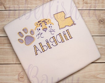Louisiana Tiger Sketch Stitch Personalized Bodysuit or T-shirt for Girls or Boys Baby Toddler Infant
